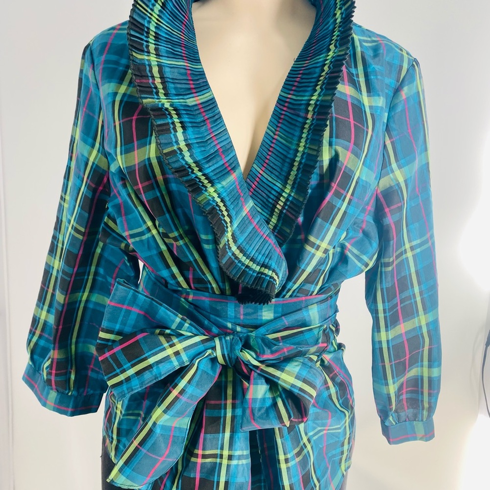Investments green and pink  plaid ruffle blouse
